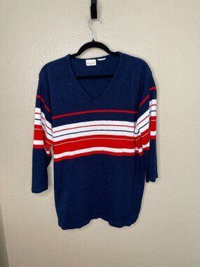 White Stag Womens V-Neck Sweater Red White Blue Striped Design Long Sleeve